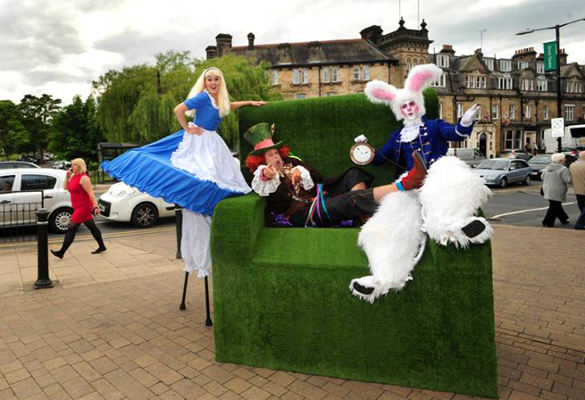 alice in wonderland themed stilts - white rabbit and alice in wonderland - uk