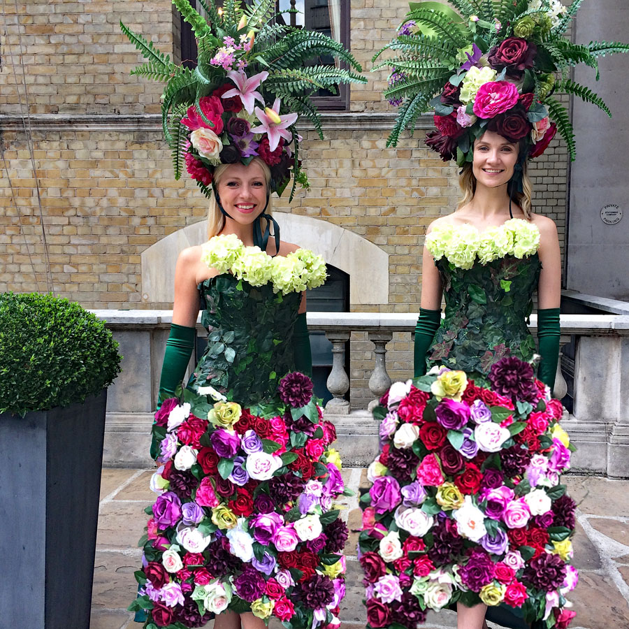 GARDEN GODDESSES- BOURBON ROSES LUXURY FLOWER PERFORMERS - HOSTESSES FLOWER ACT TO HIRE UK SUMPTOUS ROSE AND IVY COSTUMES HIRE
