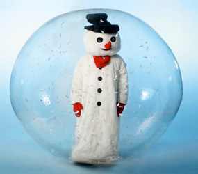 winter wonderland snowman performer in a bubble hire