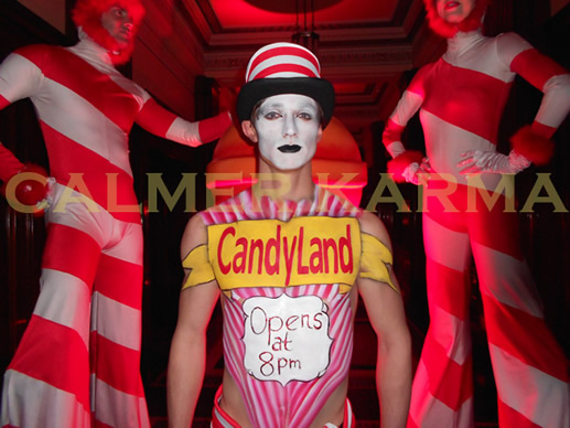 WILLY WONKA THEMED ENTERTAINMENT -CANDY HOST BODY PAINTED AND CANDY STILTS WELCOME TO THE CHOCOLATE FACTORY
