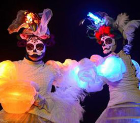 SKELETON THEMED ACTS TO HIRE - LED DAY OF THE DEAD HORROR STILTS - LED 