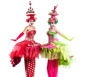 WILLY WONKA STILTS TO HIRE - CANDY CAKE BELLE STILTS HIRE UK