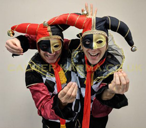 VENETIAN MASQUERADE THEMED ENTERTAINMENT -THE COMEDY HARLEQUIN JESTERS WALKABOUT ACT