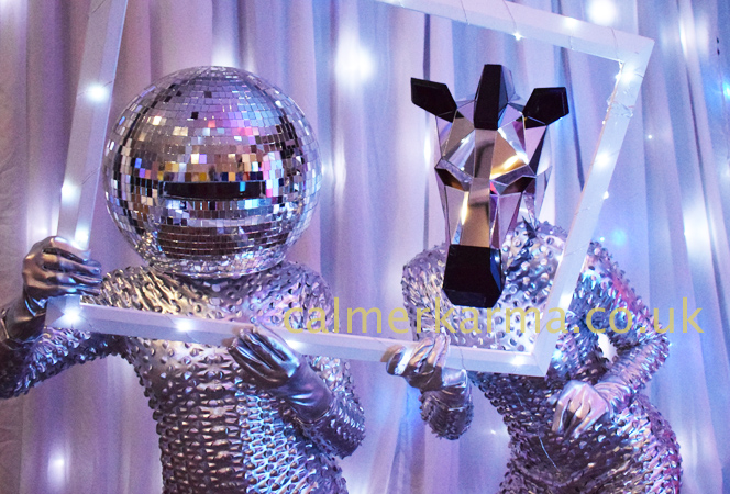 MIRROR ZOO DANCING ZEBRAS & DISCO BALL HEAD DANCERS WALKABOUT ACTS TO HIRE -CHRISTMAS PARTY ENTERTAINMENT