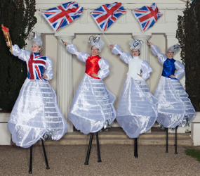 ROYAL JUBILEE THEME - UNION FLAG BELLE STILTS - BEST BRITISH STILT WALKER ACTS